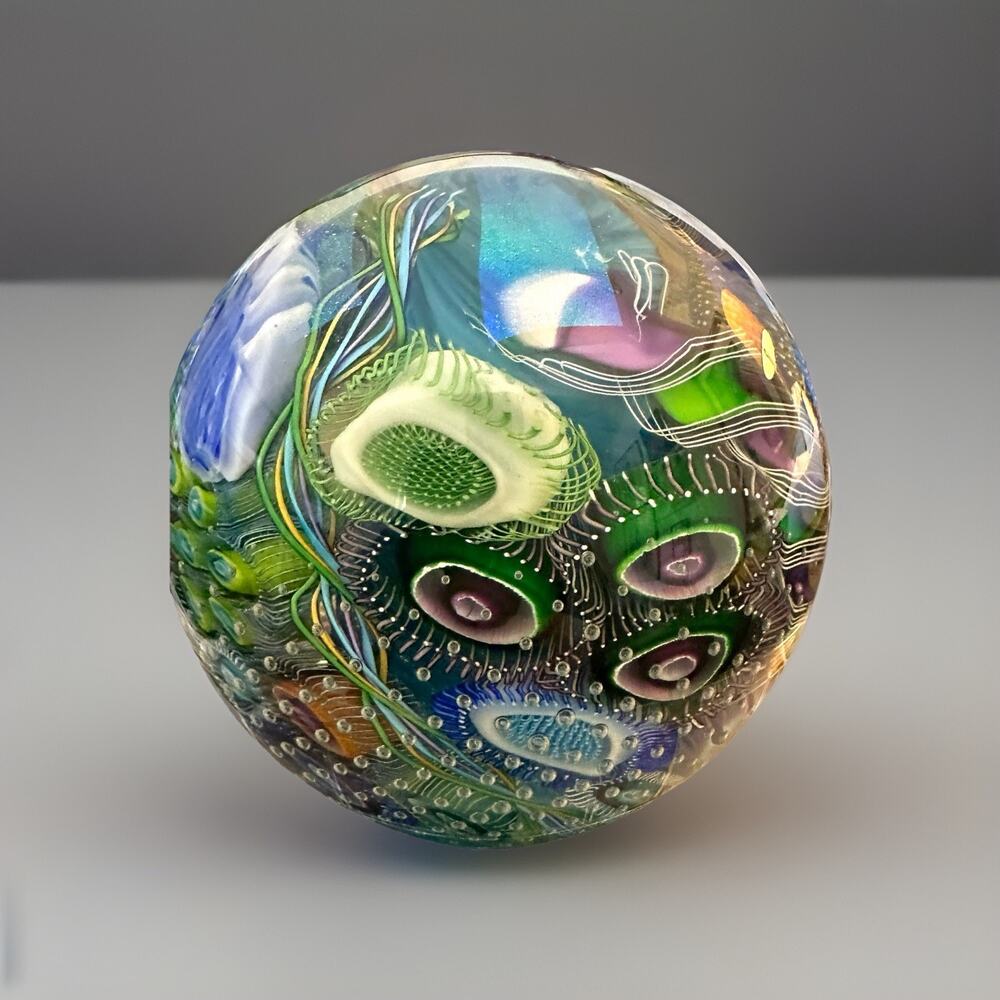 NEW 4” Seascape Inspired Orb Paperweight Signed Art Glass by Scott Garrelts USA